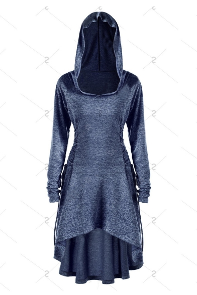 Plain Long Sleeve Lace Up Side Midi Asymmetric Hooded Dress