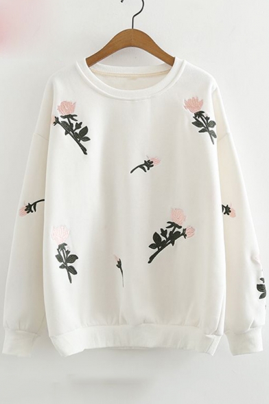 Round Neck Floral Embroidered Long Sleeve Leisure Sweatshirt