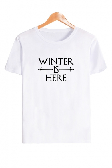 Round Neck Short Sleeve Letter WINTER IS HERE Printed Loose Leisure T-Shirt