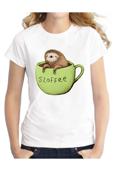 Sloth Cup Letter Print Round Neck Short Sleeve Graphic T-Shirt