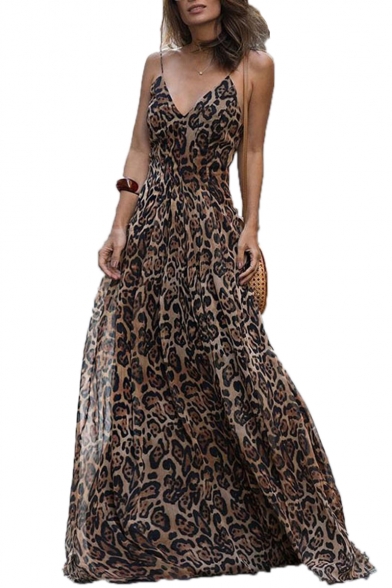 Spaghetti Straps Sleeveless Leopard Print Maxi Cami Dress