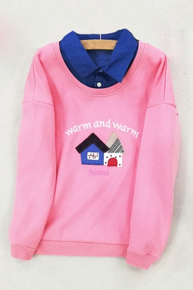 WARM AND WARM Letter House Embroidered Contrast Lapel Collar Long Sleeve Sweatshirt