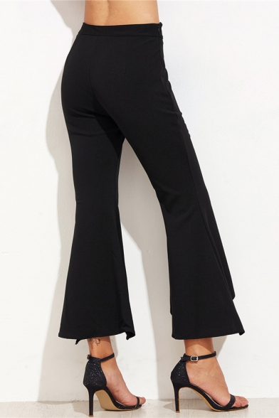 Zipper Side Plain High Waist Asymmetric Hem Cropped Flare Pants