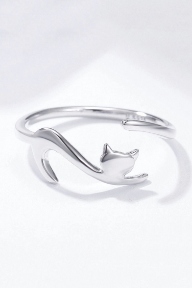 Chic Sliver Plain Cat Pattern Open Front Ring