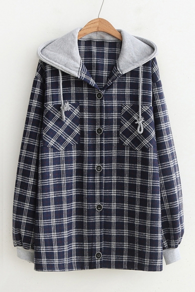 Contrast Hood Patch Plaid Long Sleeve Button Front Hooded Shirt Jacket