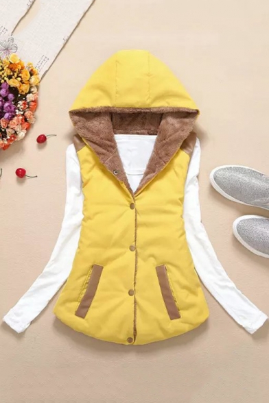 Contrast Leather Patchwork Button Front Sleeveless Hooded Jacket