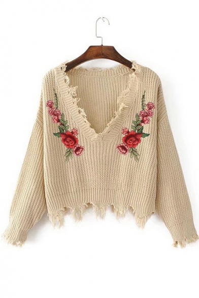 Floral Embroidered V Neck Long Sleeve Ripped Detail Cropped Sweater