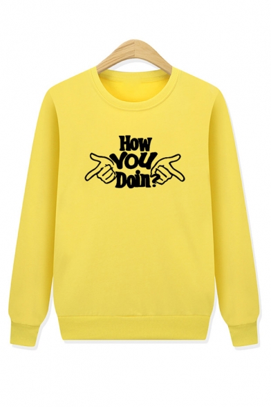 HOW YOU Letter Gesture Print Round Neck Long Sleeve Sweatshirt
