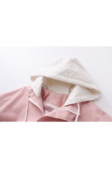 Letter Embroidered Color Block Long Sleeve Zip Placket Hooded Jacket
