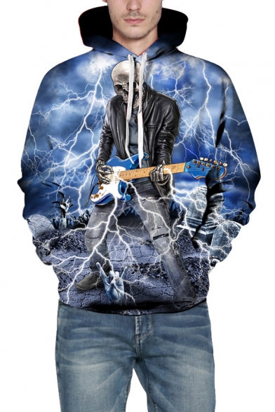 Lightning Guitar Skull Print Unisex Hoodie