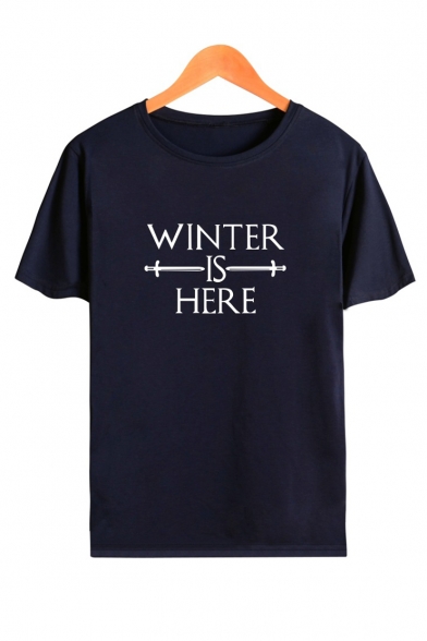 Round Neck Short Sleeve Letter WINTER IS HERE Printed Loose Leisure T-Shirt