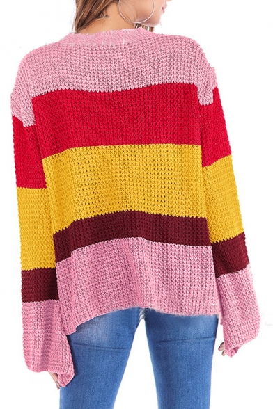 Stylish Color Block Round Neck Long Sleeve Loose Pullover Sweater