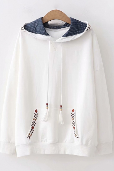Chic Embroidered Tassel Drawstring Hood Long Sleeve Hoodie