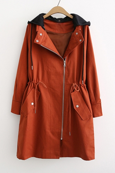 Chic Long Sleeve Drawstring Waist Offset Zip Closure Trench Coat with Contrast Detachable Hood