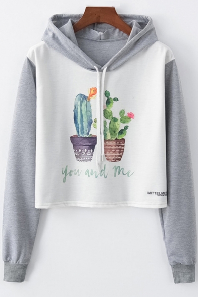 Color Block YOU AND ME Letter Cactus Print Long Sleeve Cropped Hoodie