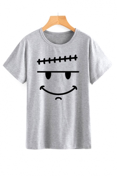 Comic Smile Face Printed Round Neck Short Sleeve T-Shirt