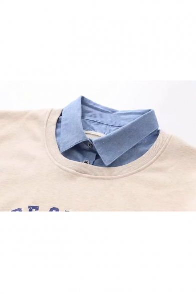 Contrast Lapel Collar Letter Rabbit Print Long Sleeve Pullover Sweatshirt