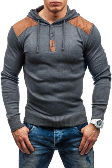 Contrast Patchwork Long Sleeve Button Front Slim Hoodie