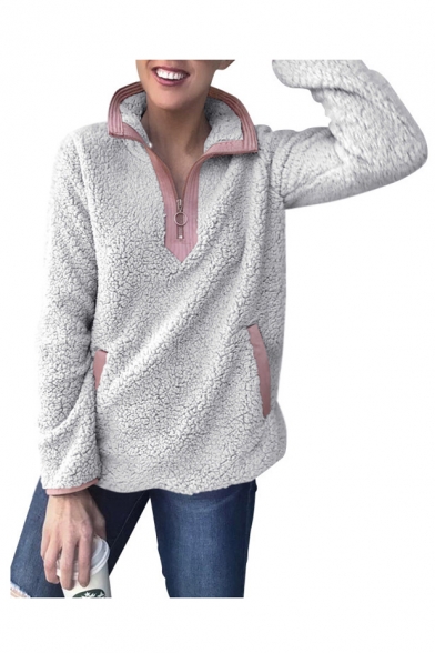 Contrast Trim Stand Collar Long Sleeve Plush Half-Zip Sweatshirt