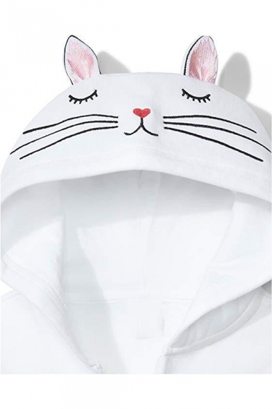 Cute Cat Embroidered Ears Embellished Long Sleeve Zip Up Hoodie