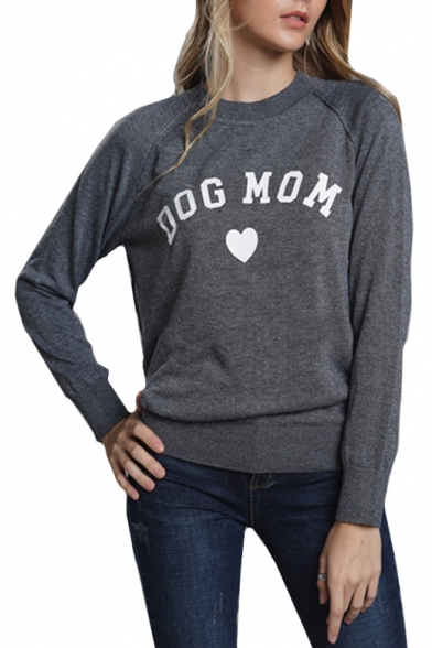DOG MOM Letter Heart Print Round Neck Raglan Long Sleeve Pullover Sweatshirt