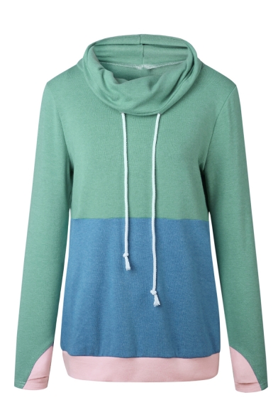 Drawstring Collared Color Block Long Sleeve Leisure Sweatshirt