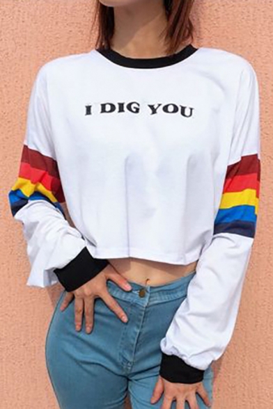 

I DIG YOU Letter Contrast Striped Long Sleeve Round Neck Cropped T-Shirt, LC488407