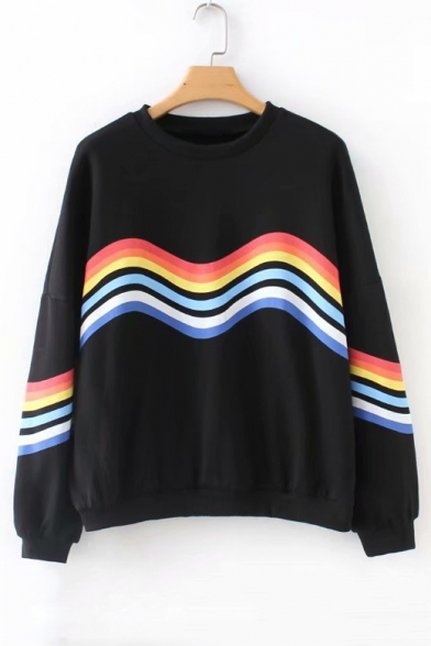 

Rainbow Striped Pattern Round Neck Long Sleeve Sweatshirt, LC487901