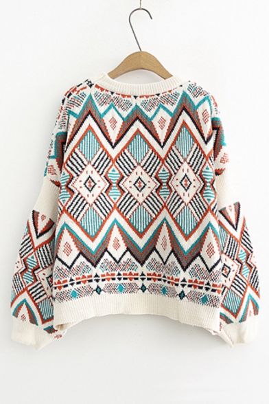Round Neck Lantern Sleeve Geometric Pullover Sweater