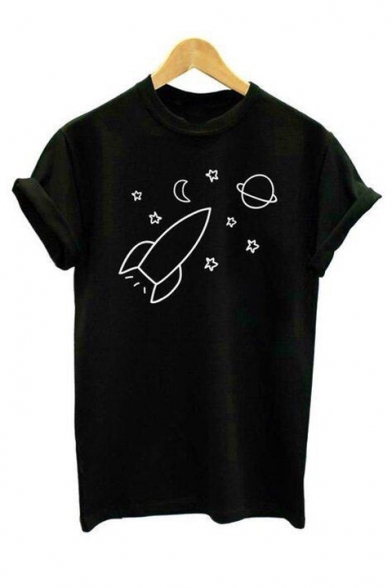 Star Rocket Planet Print Round Neck Short Sleeve T-Shirt