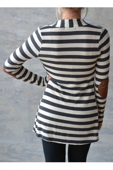 Striped Long Sleeve Open Front Contrast Elbow Patch Leisure Cardigan Coat