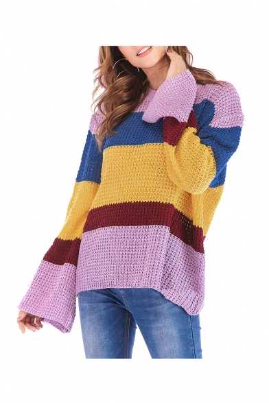 Stylish Color Block Round Neck Long Sleeve Loose Pullover Sweater