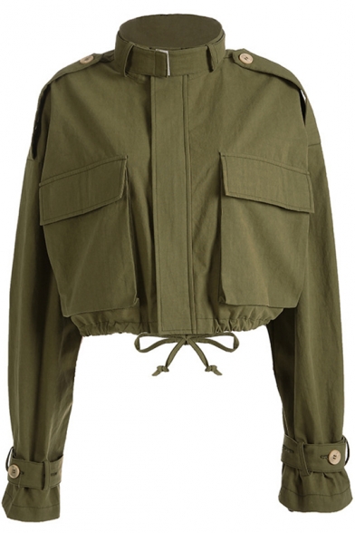 Stylish Stand Collar Long Sleeve Plain Cropped Work Jacket