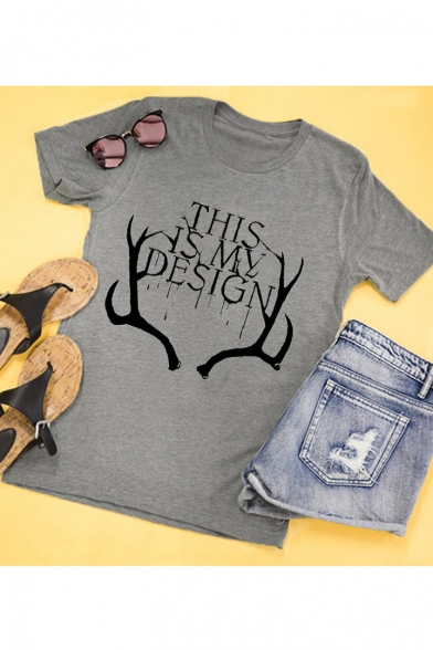 THIS IS MY DESIGN Letter Antlers Print Round Neck Short Sleeve T-Shirt