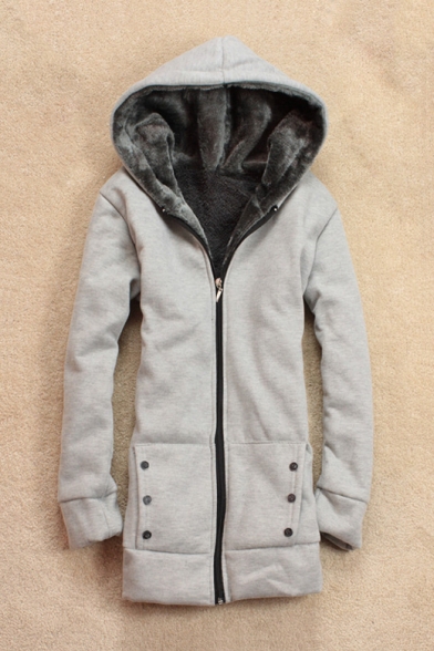 Zip Up Plain Long Sleeve Faux Fur Lined Hooded Jacket