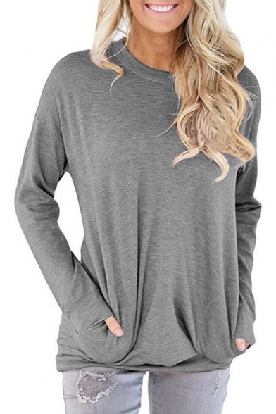 Basic Plain Round Neck Long Sleeve Soft T-Shirt with Pockets