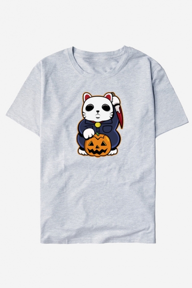 Cat Pumpkin Print Round Neck Short Sleeve Slim T-Shirt