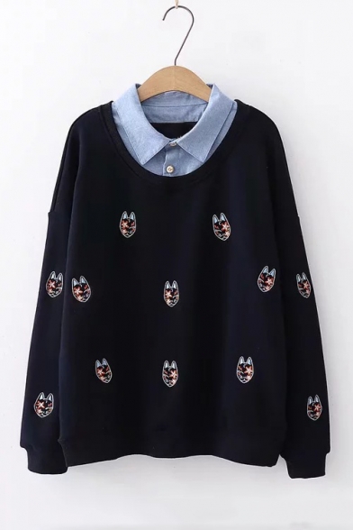 Contrast Lapel Collar Cat Floral Embroidered Long Sleeve Sweatshirt