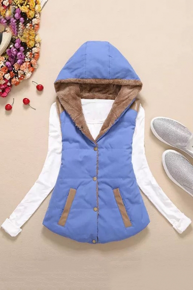 Contrast Leather Patchwork Button Front Sleeveless Hooded Jacket