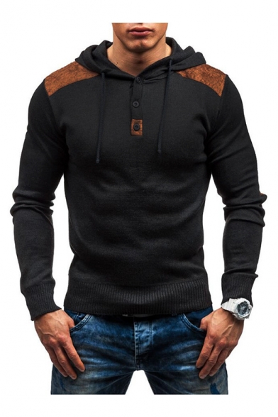 Contrast Patchwork Long Sleeve Button Front Slim Hoodie