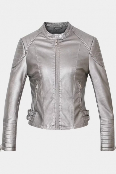 Cool Stand Collar Long Sleeve Zip Front PU Slim Cropped Leather Jacket