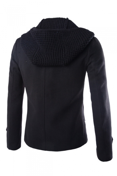 Double Breasted Long Sleeve Plain Hooded Jacket with Knit Hood