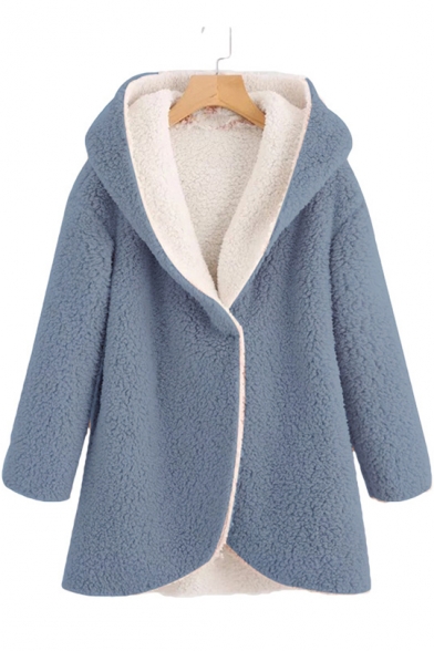 Faux Fur Plain Long Sleeve Tunic Hooded Coat for Woman