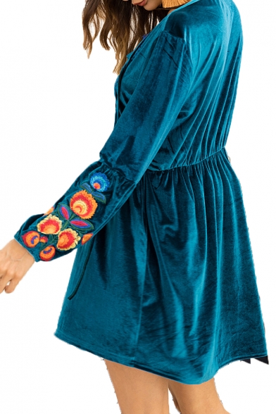 Floral Embroidered V Neck Long Sleeve Velvet Mini A-Line Dress