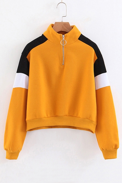 Half-Zip Stand Collar Color Block Long Sleeve Sweatshirt
