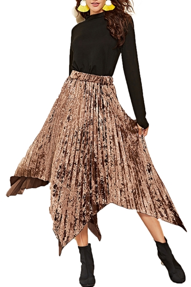 Metal Color Elastic Waist Pleated Maxi Asymmetrical Skirt