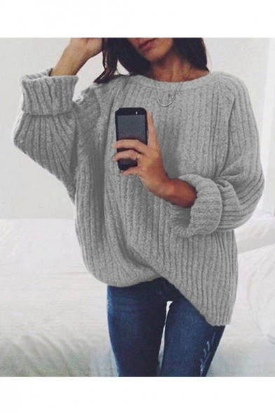 Winter Collection Plain Round Neck Ribbed Long Sleeve Sweater
