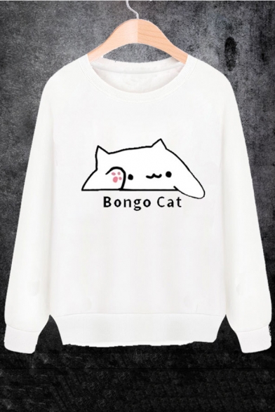 BONGO CAT Letter Cartoon Animal Print Round Neck Long Sleeve Sweatshirt