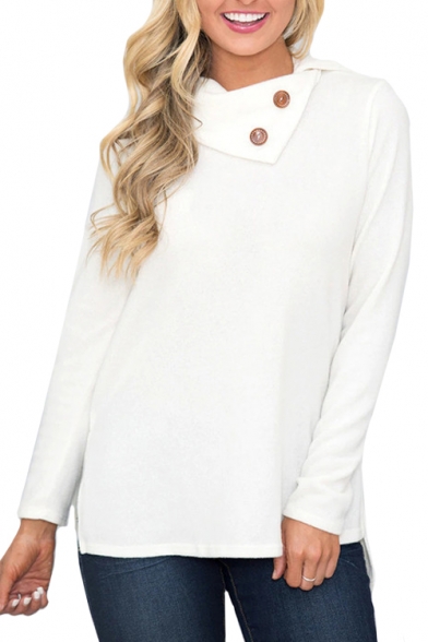 Button Embellished High Collar Long Sleeve Plain Slim T-Shirt