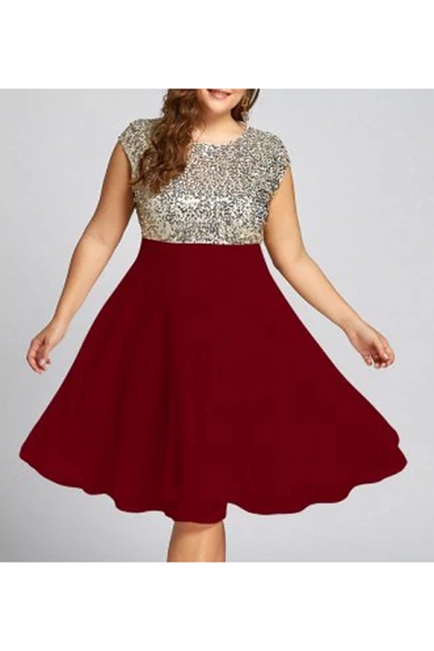 

Contrast Sequined Embellished Round Neck Sleeveless Midi A-Line Dress, LC489193, Black;burgundy;navy